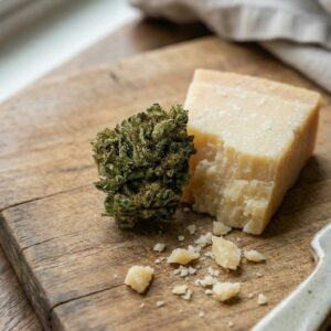 fleur de cbd original cheese à côté d'un morceau de fromage