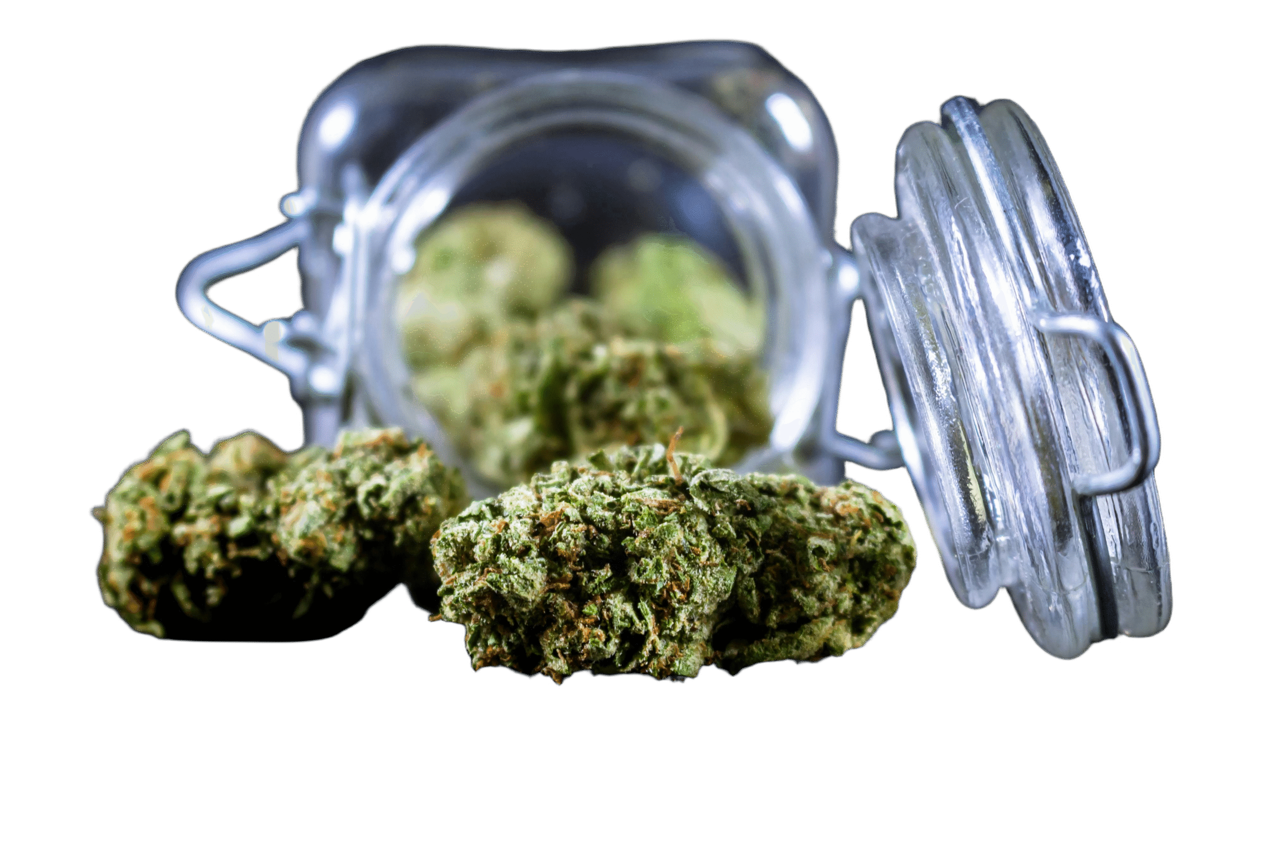 Bocal en verre hermétique ouvert avec des fleurs de cbd