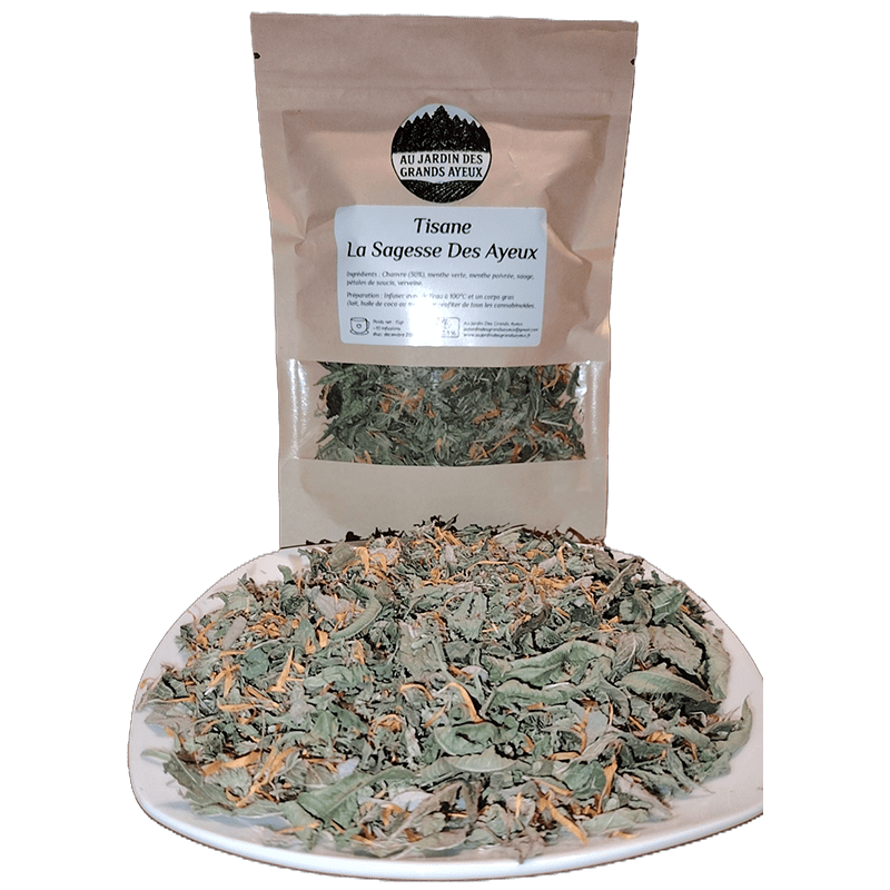 paquet de tisane au chanvre sagesse des ayeux avec un mélange de plantes
