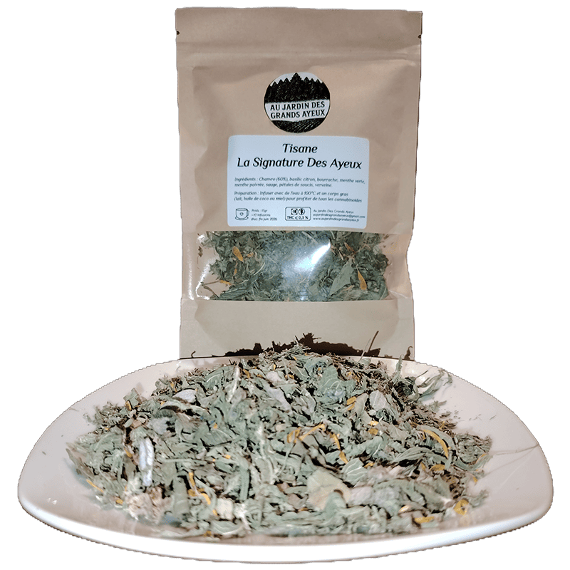paquet de tisane au chanvre signature des ayeux avec un mélange de plantes