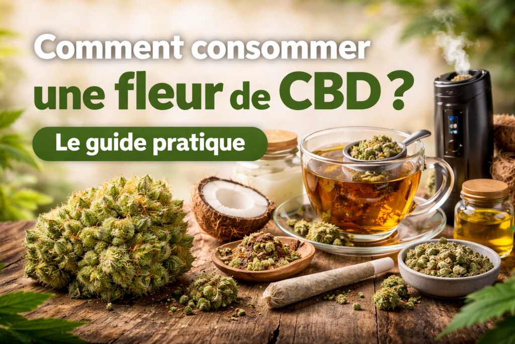 fleur de CBD avec infusion, vaporisateur et ingrédients culinaires illustrant les différentes méthodes de consommation du chanvre