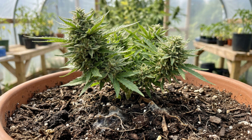 Un plant de cannabis CBD avec des fleurs en développement, cultivé dans un pot en terre cuite rempli de terreau riche.
