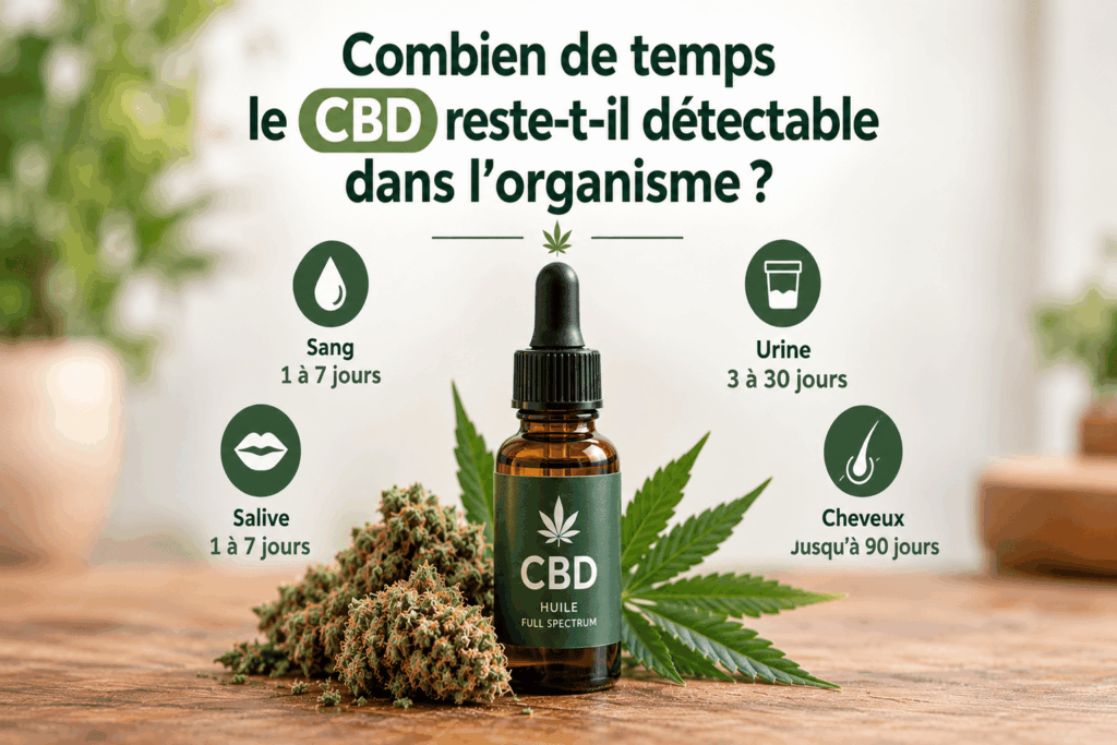 Fleur et flacon d'huile de CBD, sujet de la détection du THC dans les urines, la salive et le sang